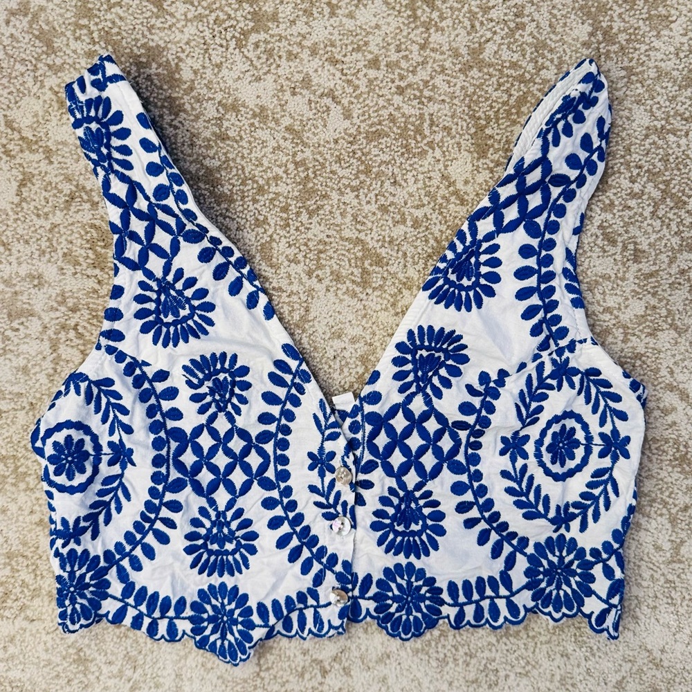Blue Floral Embroidered Women's Top